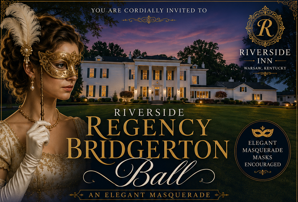 Riverside Regency Bridgerton Ball invitation artwork: masked woman in gold Regency gown before the illuminated Riverside Inn mansion at dusk, with a gold monogrammed crest and 'Elegant Masquerade Masks Encouraged' seal.